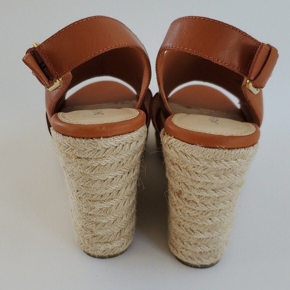 LANDS' END PLATFORM WEDGE SANDALS ESPADRILLES SHOES HONEY BROWN LEATHER SIZE 8 - Picture 4 of 7
